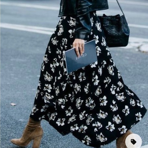 Ann Taylor Silk Floral Midi Fall Black Tan Skirt - Picture 10 of 10